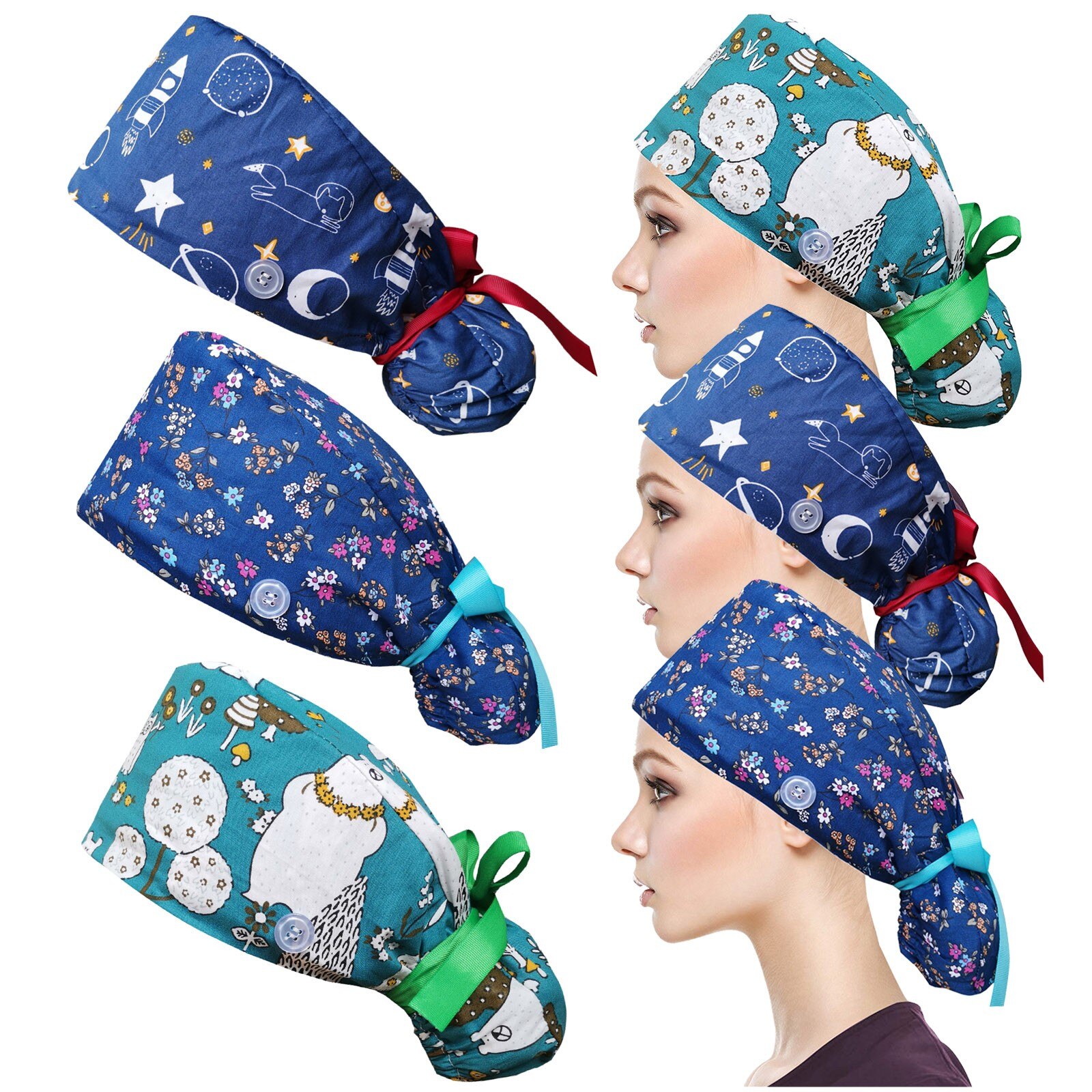 25# 3PC Unisex Adjustable Working Nursing Cap gorro quirófano Button Long Hair Sweatband Hat nurse Cap Cartoon print Gourd hat: C