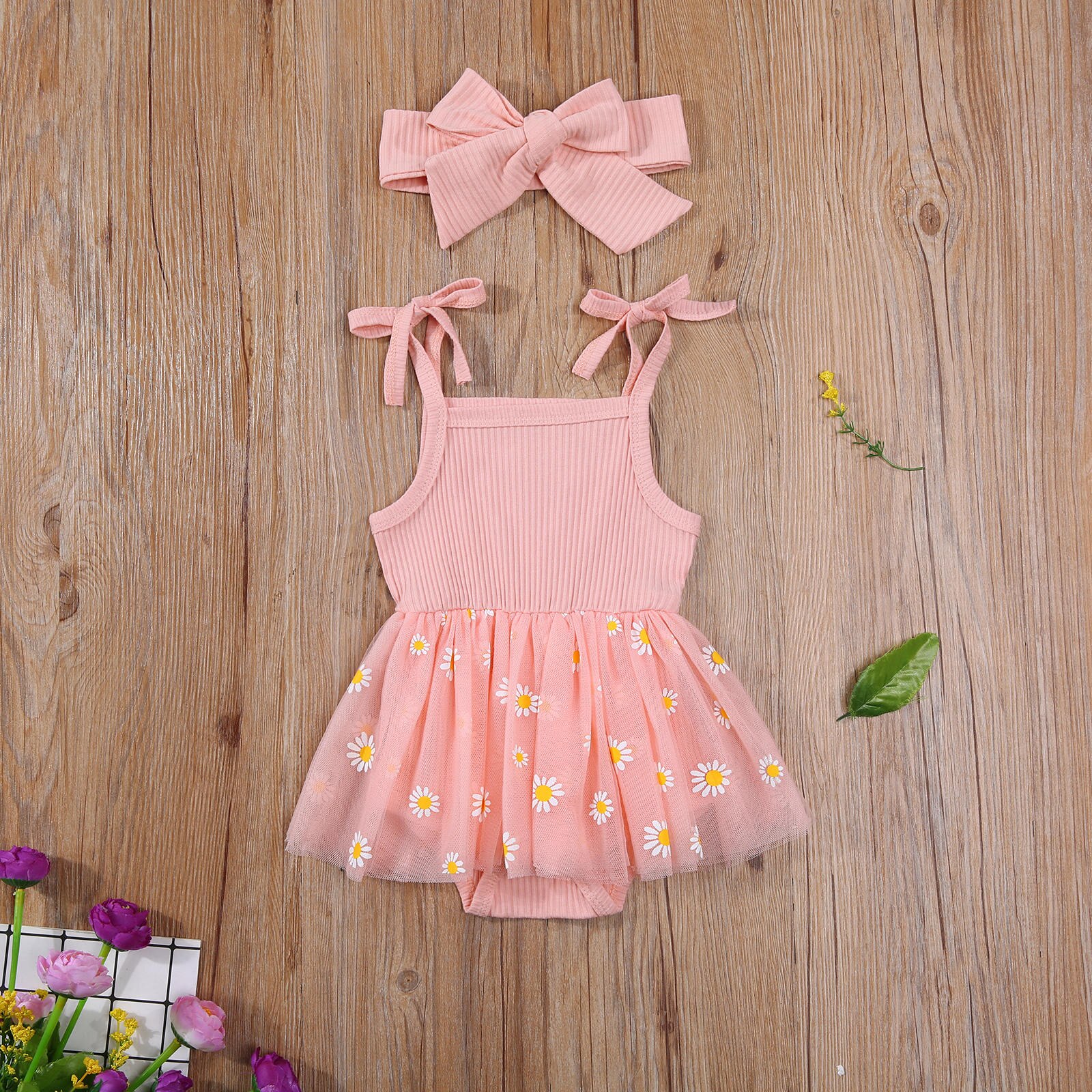 2Pcs Baby Girls Summer Outfits Cute Self Tie Strap Sleeveless Daisy Print Tutu Romper with Headband Set