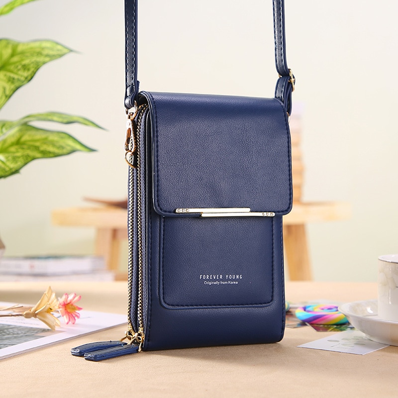 Solid Color PU Leather Crossbody Bags For Women Female Shoulder Simple Bag Lady Mini Touchable Phone Purses And Handbags: Navy