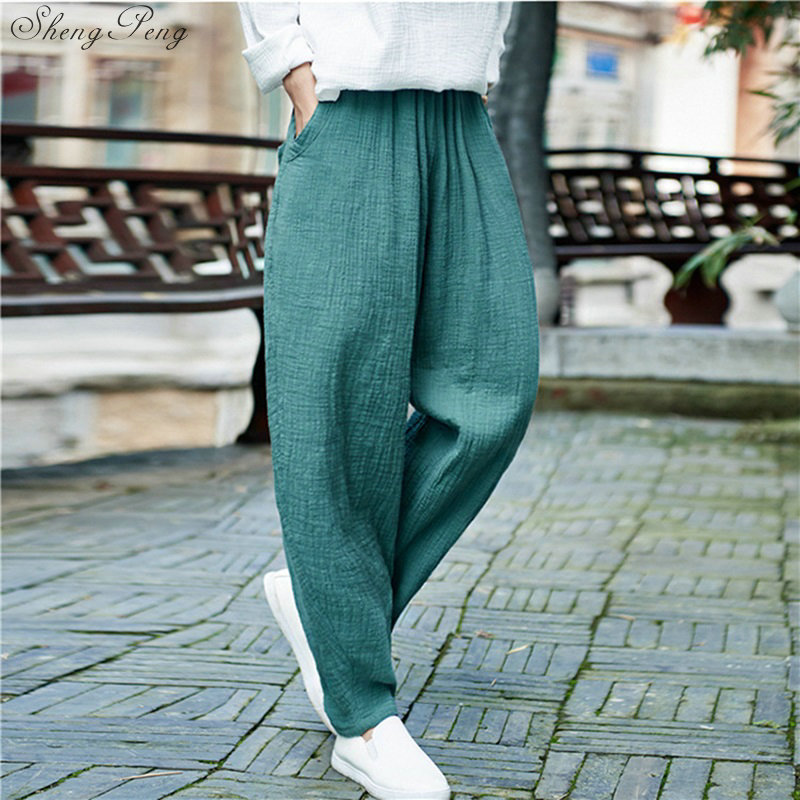 Pantalones anchos de mujer cintura elástica talla grande Pantalones de mujer verano Casual algodón Lino suave pantalones sueltos V1580: 1