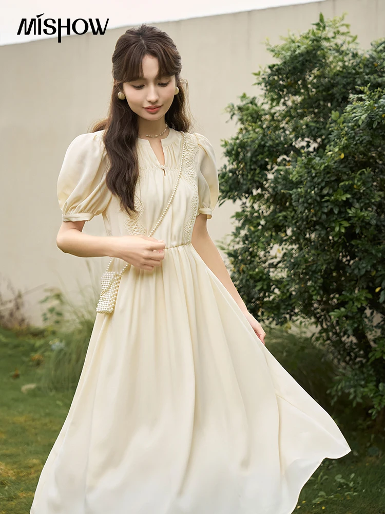 MISHOW-vestidos Fairycore franceses para mujer, verano 2023, corte en A, cuello en V, , manga abombada, cintura, vestidos de gasa lisos MXC38L1482