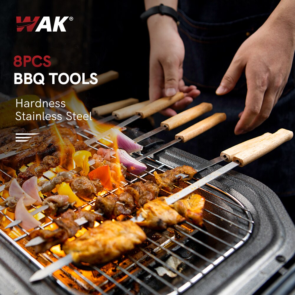 Wak Outdoor 8Pcs Bbq Spiesjes Gereedschap Polijsten Houten Handvat Grill Roosteren Sticks 43.5Cm Camping Bbq Gereedschap Set Opslag tas Kiit