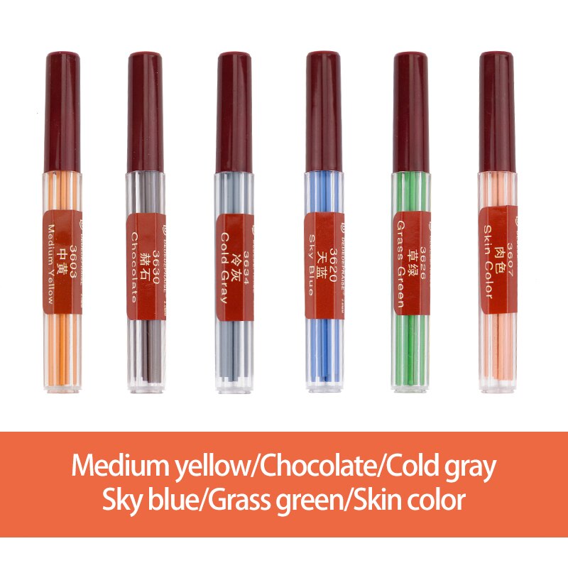 Mine de crayon mécanique/automatique remplaçable, recharges/noyau de 2.0mm, 36 couleurs, pour dessin: 5-6colors