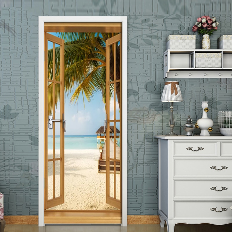 2 stks/set 3D Beach view van de seaStickers Deur Muur Sticker DIY Mural Voor Room Home Decor Poster PVC Waterdicht deur Sticker