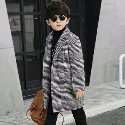 Autumn Winter Boys Jacket Wool Coat Kids Lattice Coats Windbreaker Children Clothes Teen Boys Trench Coat G114