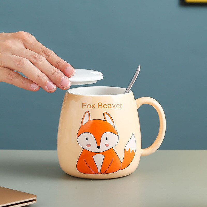Cute Cartoon Cat Mug Animal Fox Ceramic Mug Office Mug for Girls and Dogs with Lid Spoon cute coffee mugs and cups