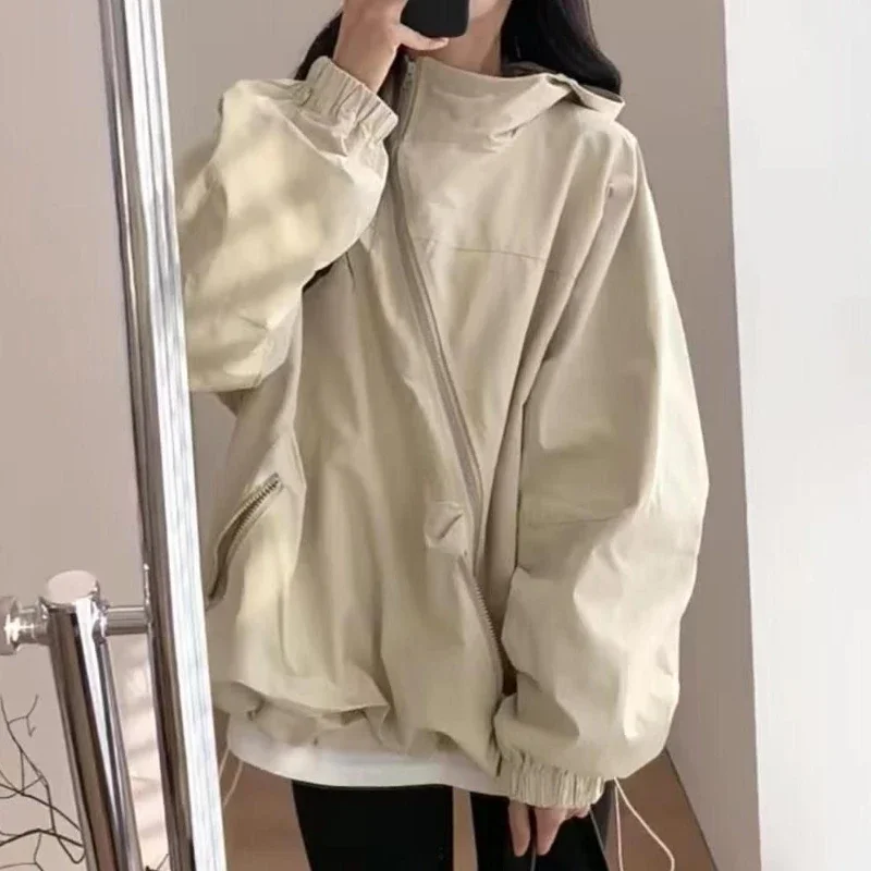 Damjackor med huva, diagonal dragkedja, vintage, höst, baggy, bf-stil, utomhus, chaqueta, damer, fritid, matchande, dam