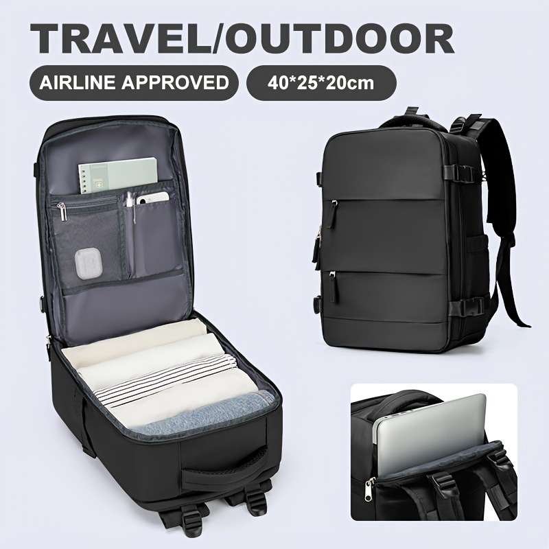 Women's and men's travel backpacks, carry on backpacks, 15.6-inch laptop backpacks, flight approved 40x25x20, personal belonging: black