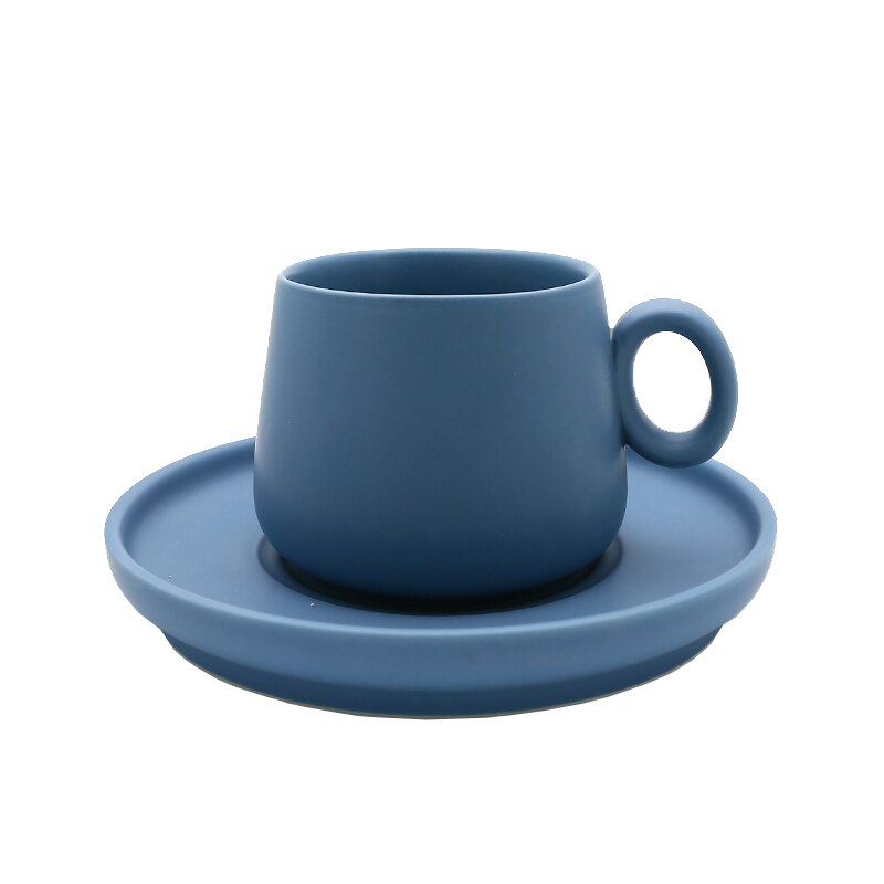 Chanshova enkelhet enfärgad keramisk kaffemugg och fat 210ml tekoppsset mjölkmugg dricksredskap porslin porslin  g082: Blå