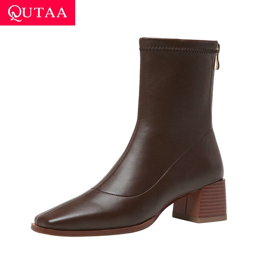 QUTAA PU Leder Herbst Winter Stiefeletten Karree Reißverschluss Damen Pumpen Platz hoch Hacke prägnant Frauen Schuhe Größe 34-39