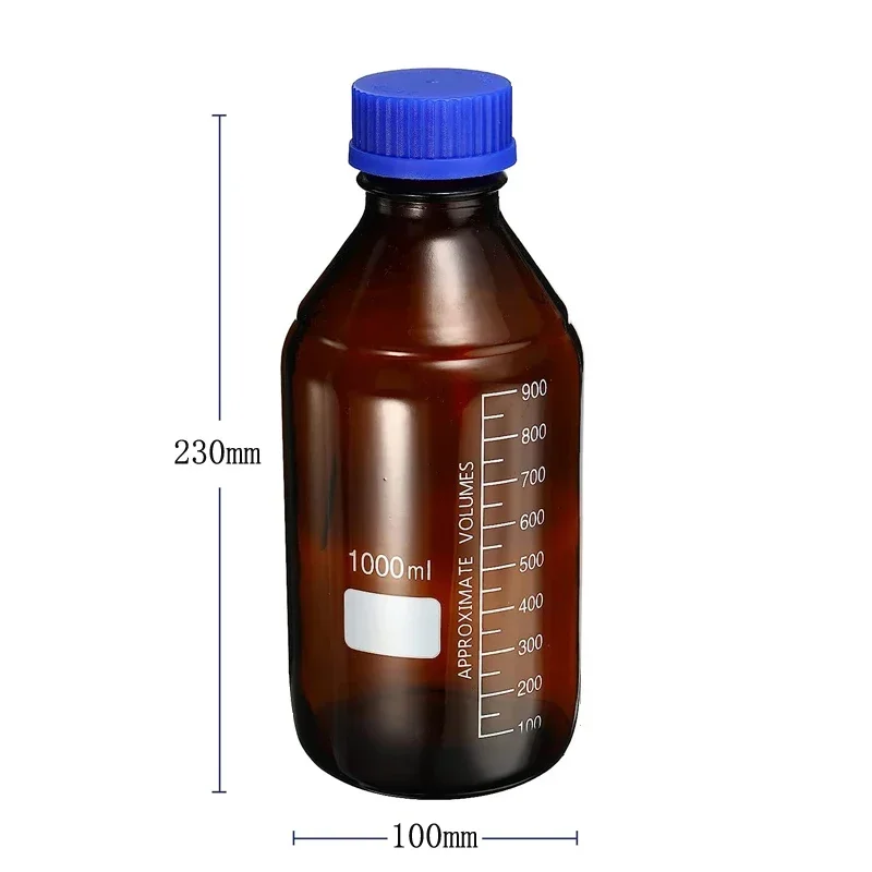 Botellas de almacenamiento de medios de vidrio redondas graduadas, color marrón/transparente, 25-1000ml, con tapas de tornillo GL45 azules para líquidos reactivos de agua de laboratorio, 1 Uds.: Chocolate