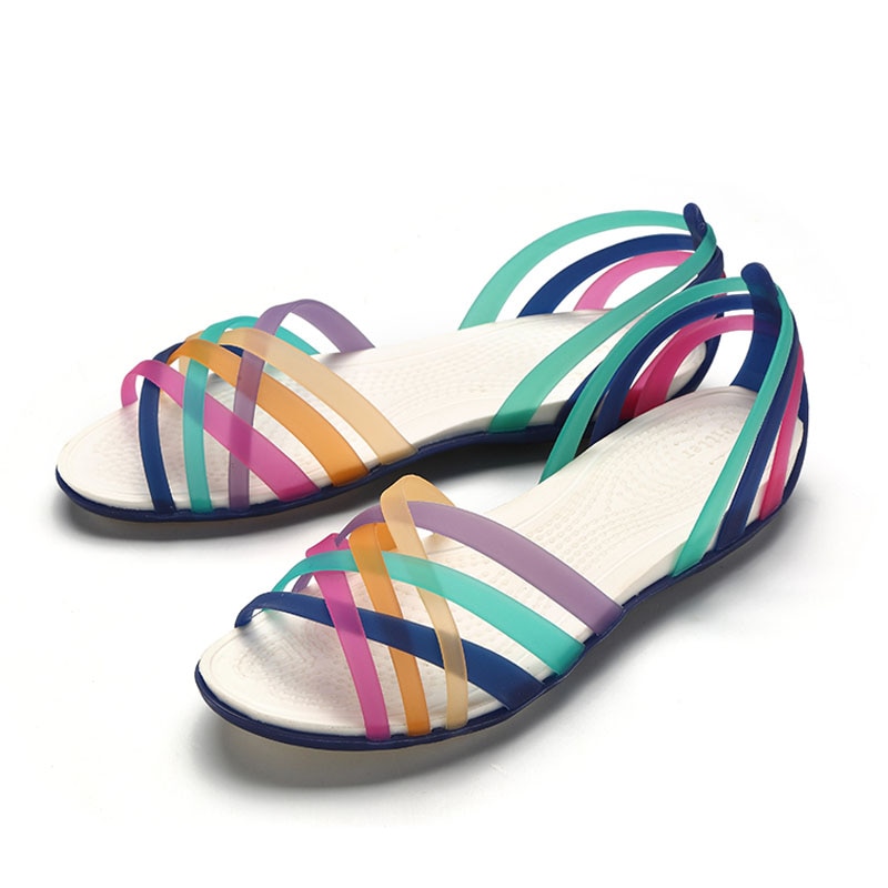 Rainbow galaretki buty kobieta kliny Sandalias kobiety sandały letnie nowe cukierki kolor Peep Toe Stappy plaża Valentine Mujer kapcie