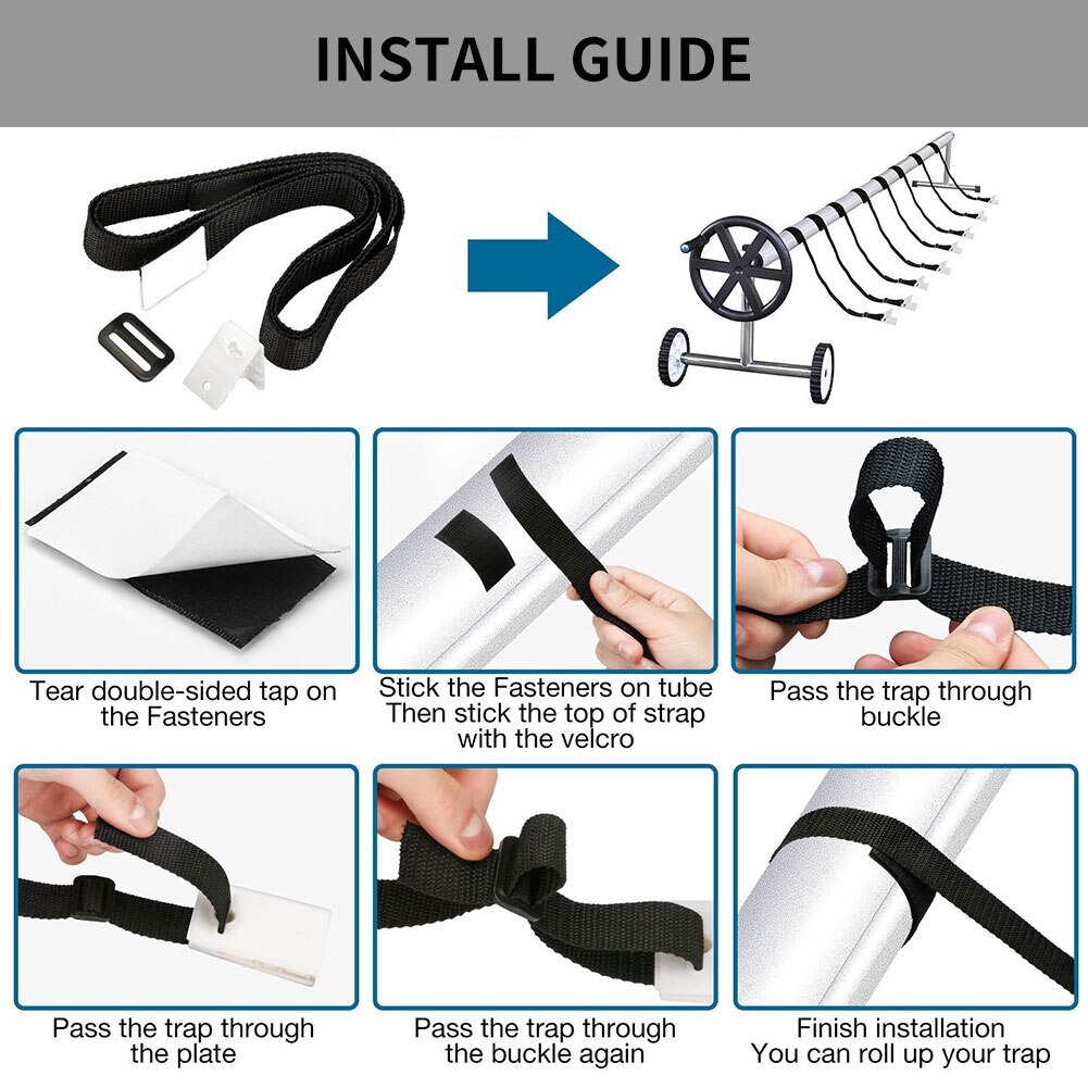 Solar Pool Cover Reel Attachment Kit 8pcs Blanket Straps &amp; 8pcs Buckles &amp; 8pcs Clips For In Ground Swimming Pool Outside