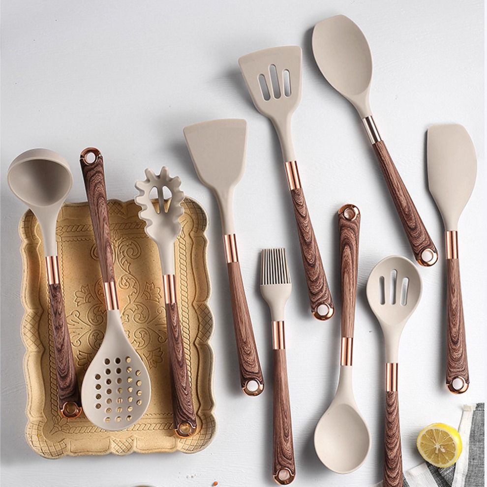 Silicone Cooking Utensils Set Heat Resistant Kitchen Spatula Spoon Non-Stick Tools With Rose Gold-Plated Handle And Holder