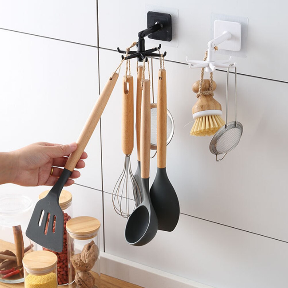 Kitchen Utensil Holder Unpunched Wall Hooks Moisture Proof 360 Degree Swivel Hook Rotating Utensil Hook Holder Kitchen Organize