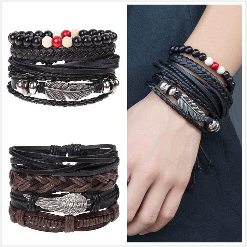Pulseira de couro trançado 4 pçs/set, pulseiras para homens e mulheres, vintage, contas de madeira, cruz, étnica, esperança
