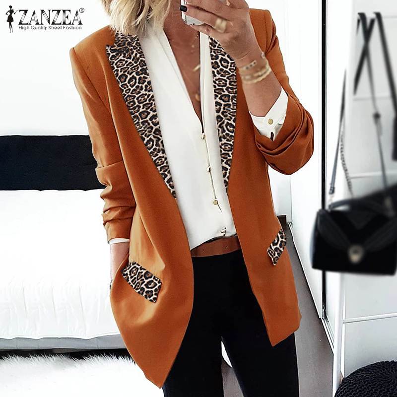 ZANZEA Patchwork Leopard Blazer Frauen lässig Revers Nacken Blazer Verdicken Langarm Mantel Jacken Outwear Plus Größe