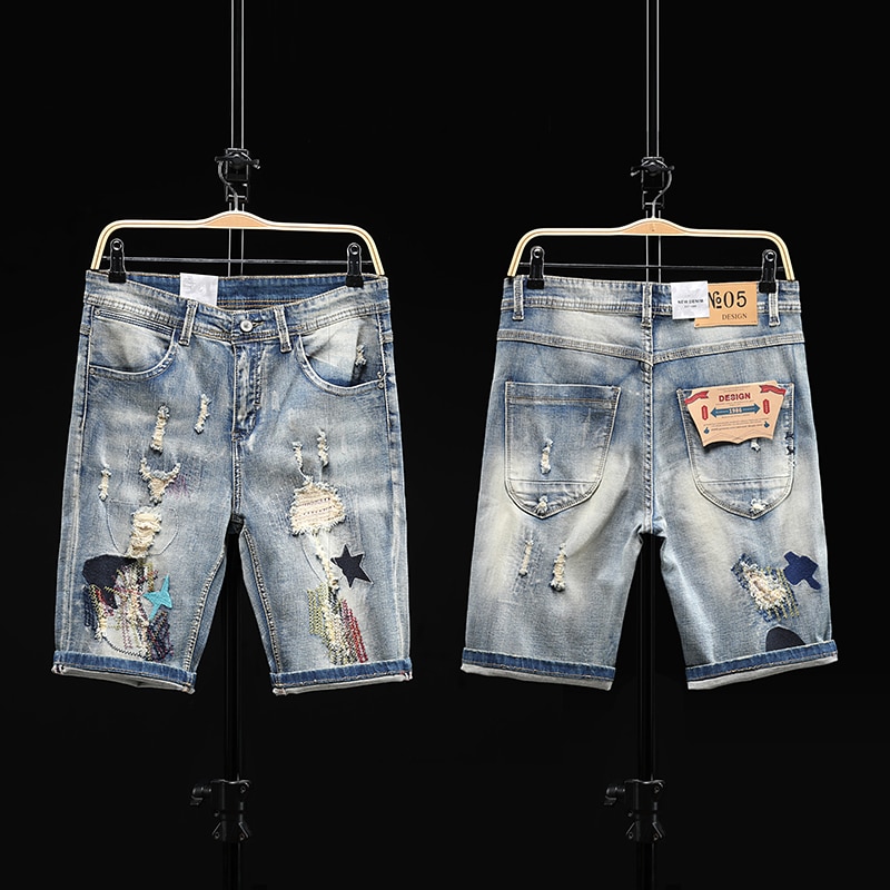 Høj vintage broderi mænd revet korte jeans hule ud bermuda sommer vintage nødlidende hul cowboys denim shorts