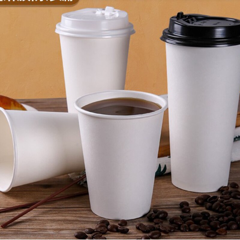 50pcs/pack White Paper Cups With Lid Disposable Coffee Cup Milk Tea Cup Household Office Drinking Accessories Party Supplies
