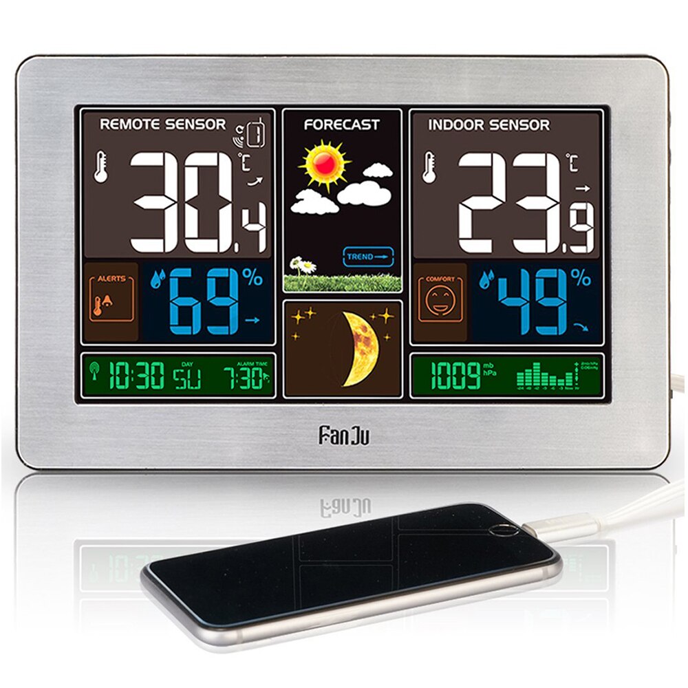 FanJu FJ3378 Weather Station Wall Barometer Forecast Temperature Humidity Wireless Sensor Indoor Outdoor Hygrometer USB Charger: Silver