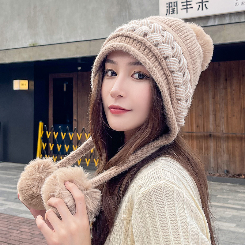 2022 Women Winter Ear Cap Ladies Woolen Hat Korean Earflap Knitted Outdoor Warm Snow Fiuffy Pompom Windproof Ski Cap