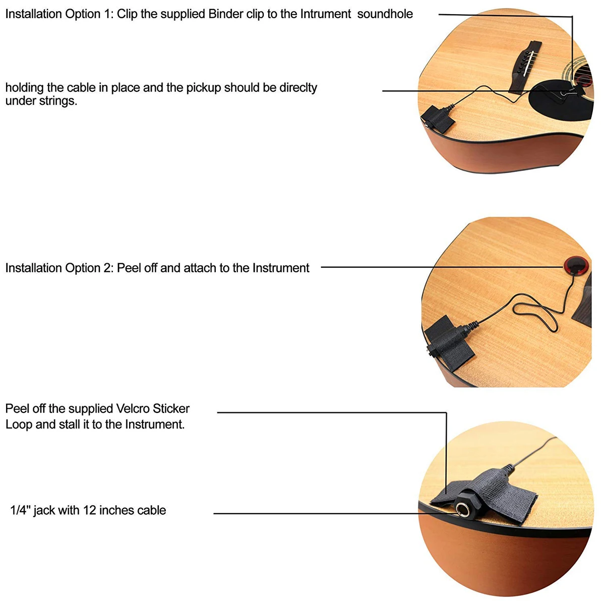 Professionele piëzo-elektrische contactpickup voor akoestische gitaren, ukeleles, harpen en banjo's - eenvoudige installatie,
