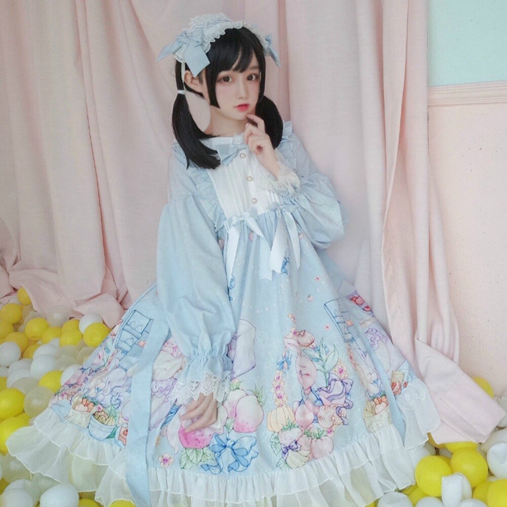 Japonés de chicas vestido Lolita OP vestido sombreros dulce Kawaii lindo vestido-Vestido largo de manga de las mujeres ropa estampada Vestidos AFC536