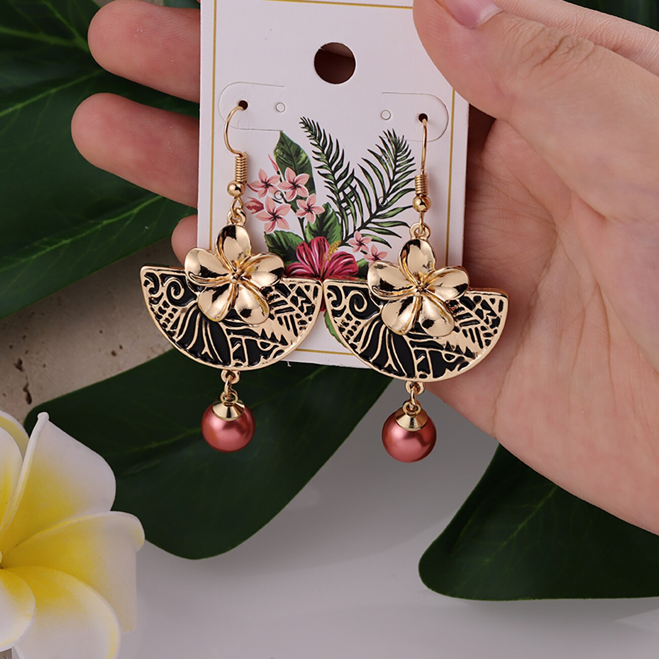 Sophiaxuan Hawaiian Polynesische Sieraden Sets Zwart Sector Plumeria Bloemen Parel Hangers Kettingen En Oorbellen Voor Vrouwen