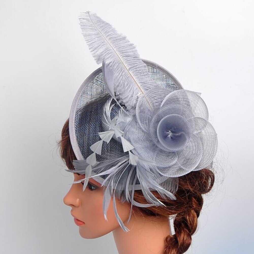 Specielt til dame fest hatte kvinder bryllup fascinator mesh hat bånd fjer fest hat: Sølv