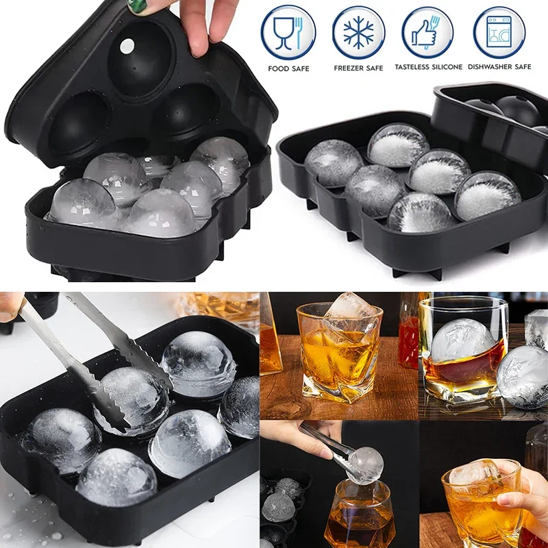 Bandeja de cubos de gelo de silicone grande molde de cubos de gelo reutilizável bola de molde de gelo para uísque molde de gelo 4/6/8 grade bola de gelo