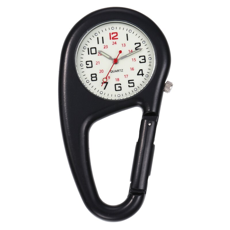 Outdoor Round Dial Arabic Numbers Quartz Analog Clip Carabiner Hook Watch pocket watch Strong luminous FOB watch: BLACK