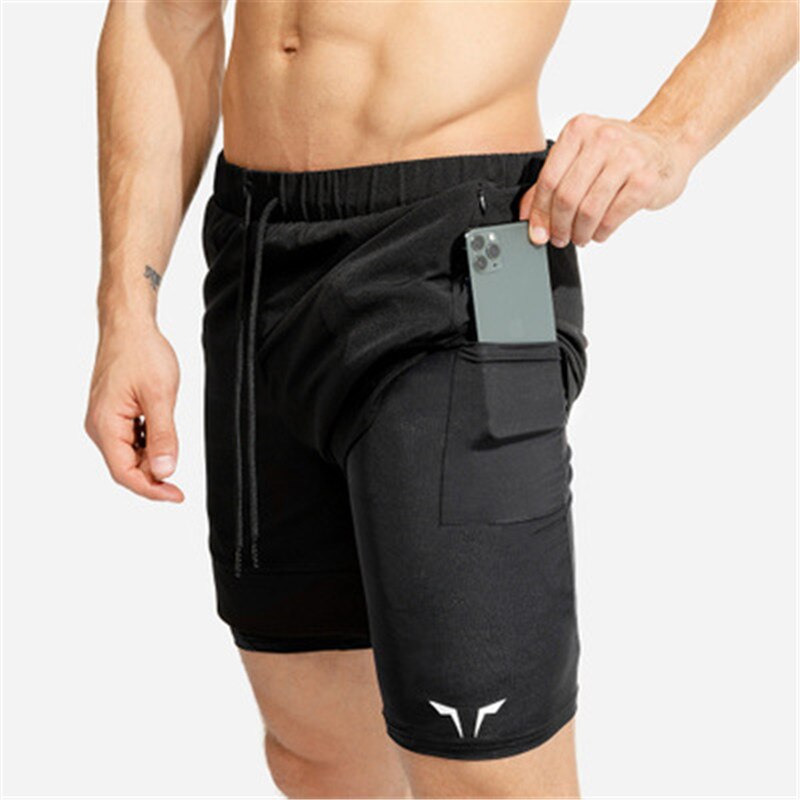 Double-Layer Fitness Shorts Mannelijke Zomer Dunne Gedeelte Anti-Glare Voering Sneldrogende Running Elastische Ademend Vijf-Punt Broek: Black / M