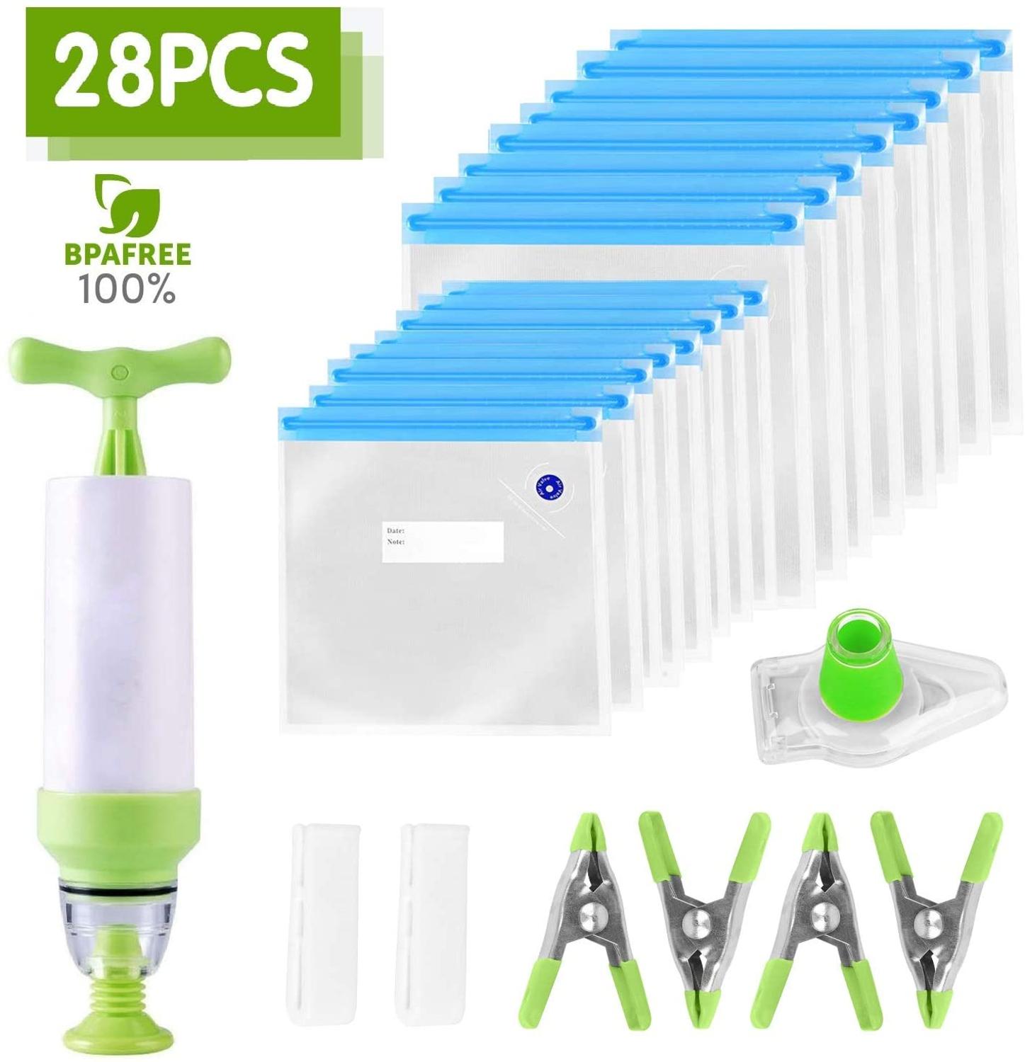 28 st återanvändbara vakuum sous vide påsar hem kök mat förvaring zip packs påsar med vinflaskpropp och handpump bpa free