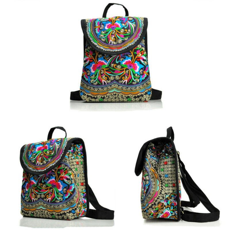 Vintage Floral Peony Embroidery Ethnic Canvas Backpack Women Handmade Travel Bags Schoolbag Backpacks Rucksack