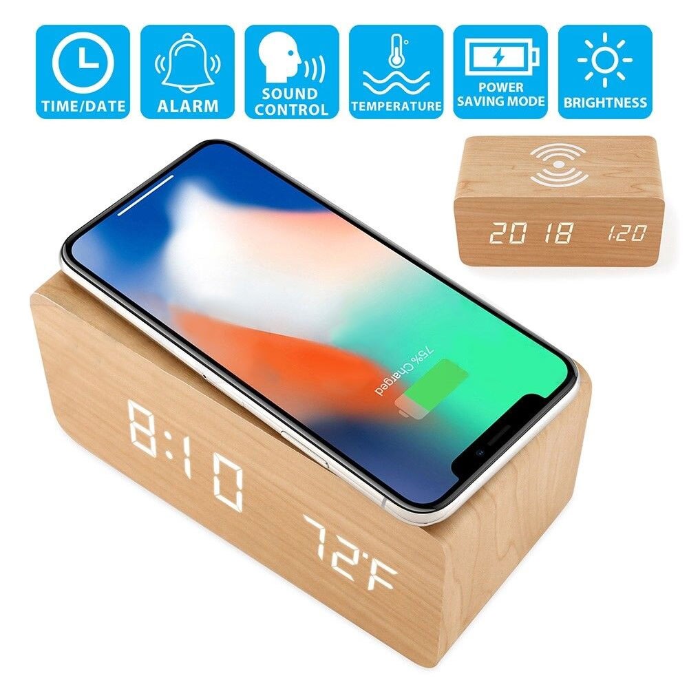 High Wooden Digital LED Desk Alarm Clock Thermometer Qi Wireless Charger LG66