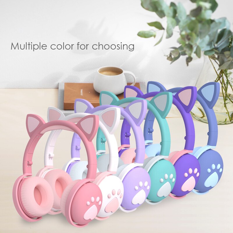 Cute cat Ear Paw Headset Glowing Kids Wireless Bluetooth 5.0 Headphones daughters Girls Earphones with Mic Children