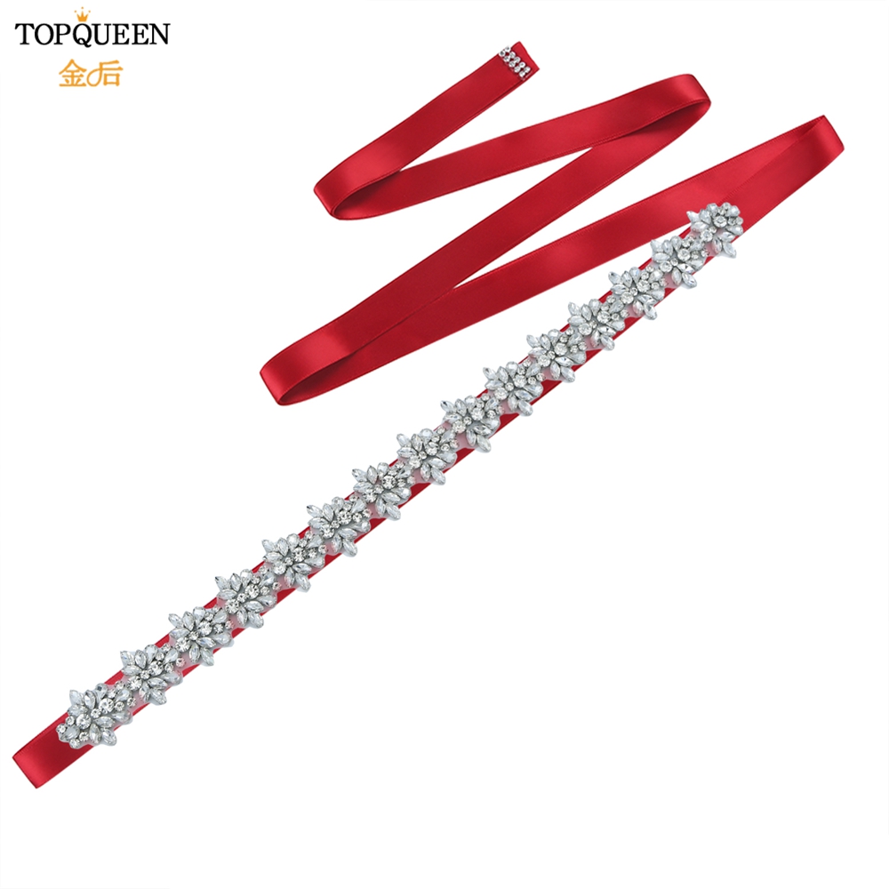 Topqueen s269 faixas de cristal de strass femininas dama de honra festa à noite cinto vestidos de noiva acessórios cintura cintos nupciais: wine red ribbon