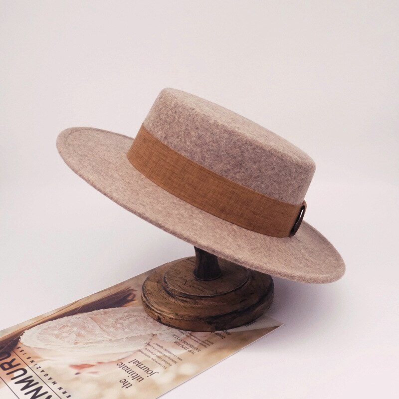 Brown colorblock jazz top hat men and women flat winter wool felt hat