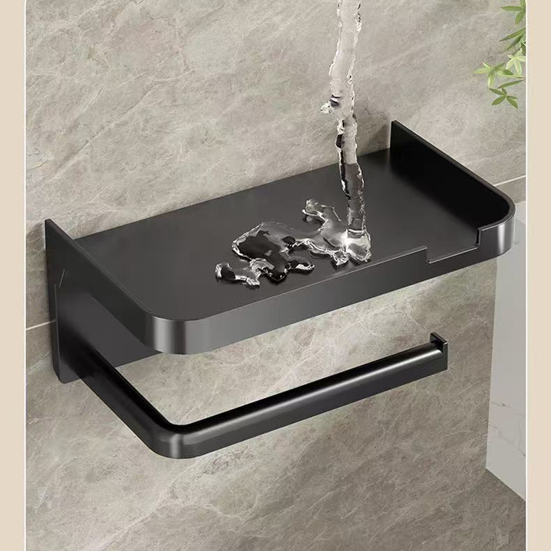 Wall-mounted toilet paper holder for bathroom, washroom, and restroom, with a dispenser for toilet paper rolls and a shelf for f