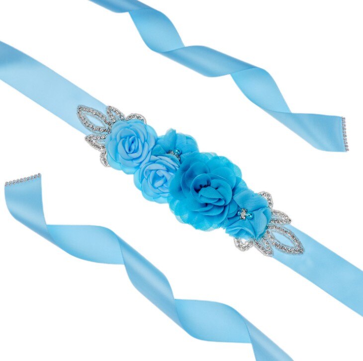 Green Blue Blush Pink White Flower Belts For Women Girl Flower Style Bridal Prom Dress Accessories Bridesmaid Sash Floral Belt: sky blue
