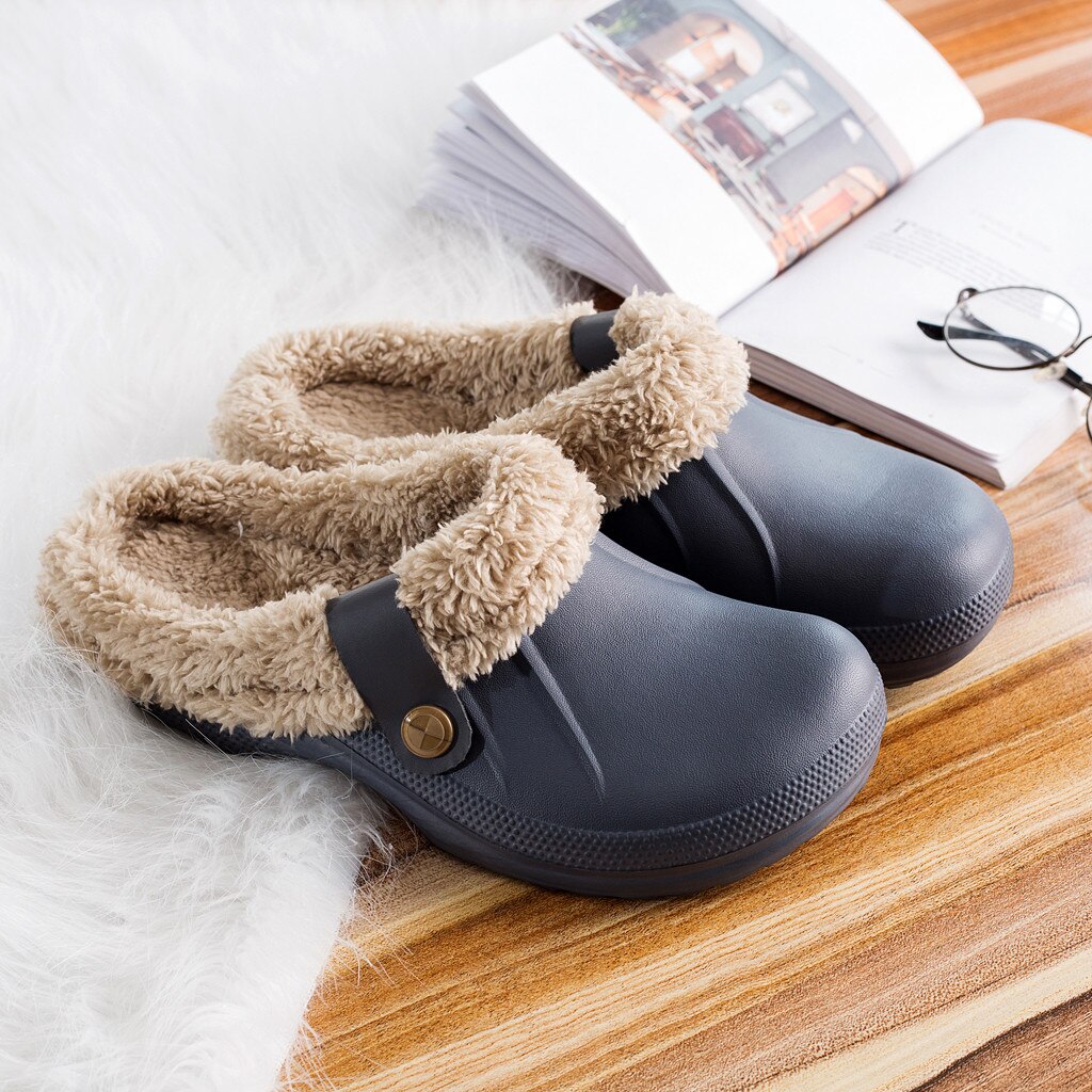 Unisex Warm Lined Slippers Home Waterproof Indoor Outdoor Garden Shoes Non-slip Floor Home Slippers Indoor Bedroom House Shoes