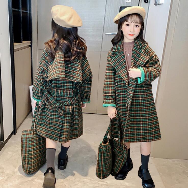 Trench Coat For Girls Autumn Winter Plaaid Coats And Bag High-grade Double-breasted Windbreaker Coat: Green / 12  150cm