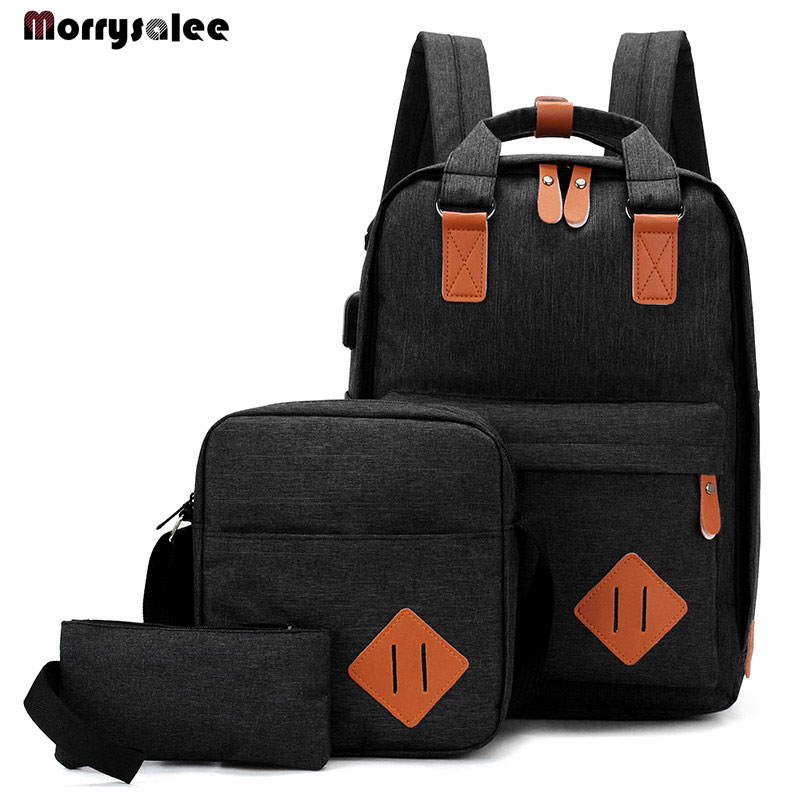 HLDAFA 3Sets Mannen Rugzak Tas Mannelijke Polyester Laptop Rugzak Computer Zakken High School Student Studenten USB Opladen: Black