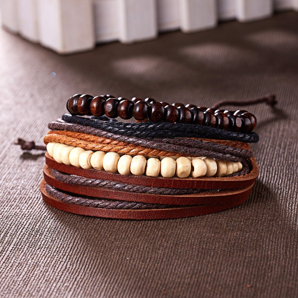 4pcs/set Ethnic Braided Leather Bracelets &amp; Bangles for Women Multilayer Wristband Vintage Handmade Bracelet Men Jewelry