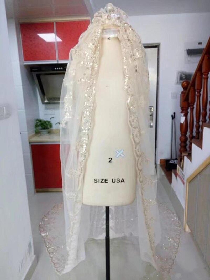 3M Long Champagne Wedding Veils With Lace Applique Edge One Layer Round Cathedral Length Veils With Comb Bridal Veil