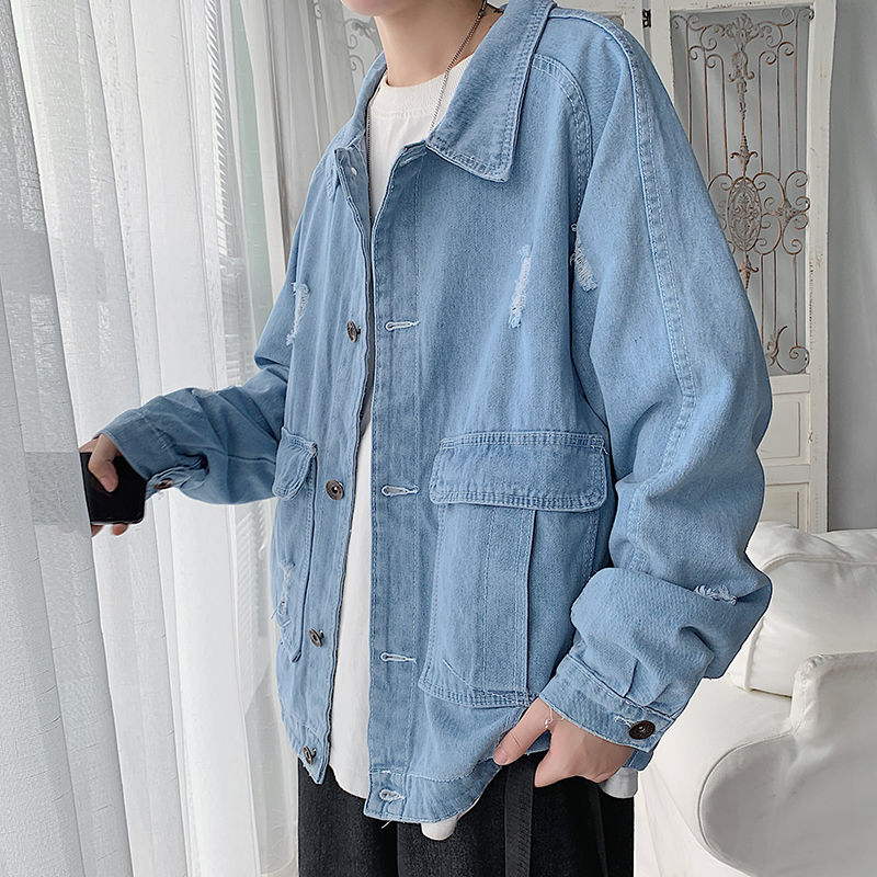 Lente Gat Denim Jas Heren Mode Retro Casual Gat Blauwe Denim Jas Mannen Streetwear Wilde Losse Hip Hop Bomber jas Mannen