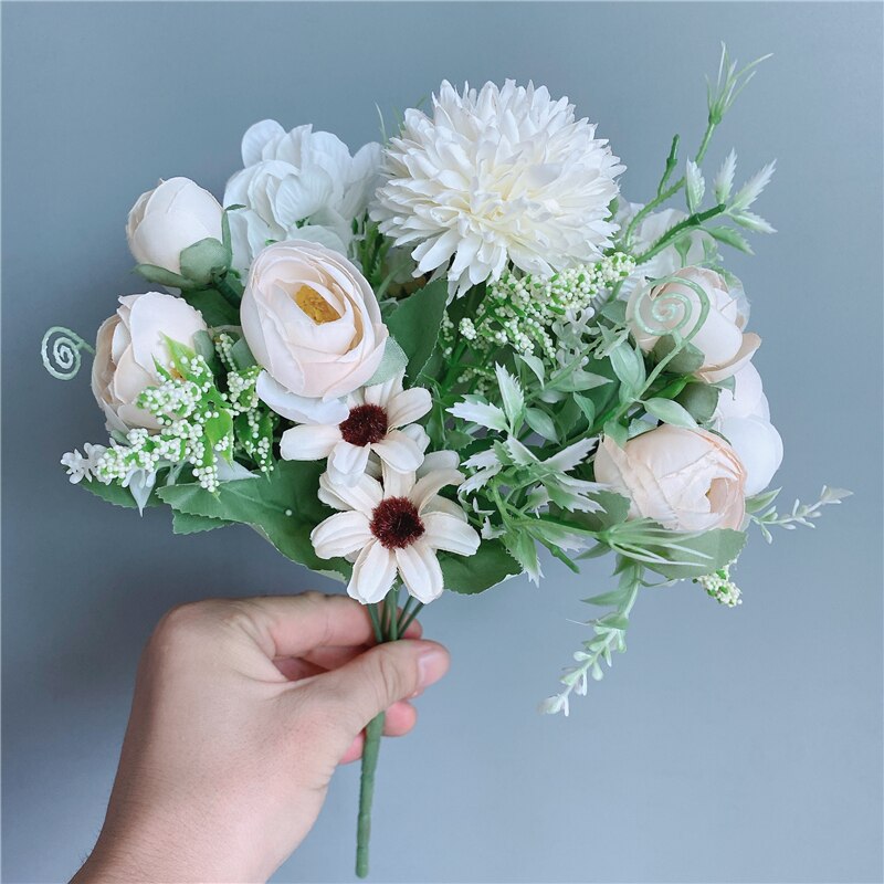 Dahlia buket med grønne blade og roser silke kunstige blomster til hjemmet bryllupsfest dekoration flores artificiais: Hvid