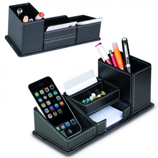 Leather Desk Pen Holder Multi-function Desk Stationery Organizer Pen Holder Clamp Stand Pencil Organizer for Desk Office Accessor