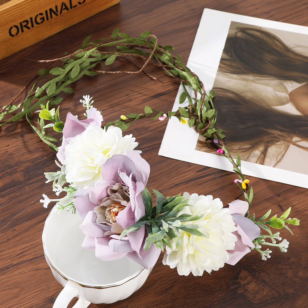 Haimeikang-Diadema de corona de flores para mujer, guirnalda de flores de melocotón, bandas para el cabello nupciales de boda, bandas florales para mujer, hoja de vid para: Morado