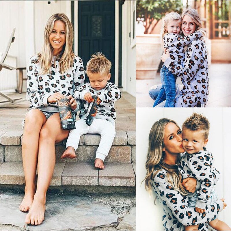 Mor og datter mig familie matchende tøj mor børn piger drenge efterår sweatshirt leopard print pullover toppe t-shirts
